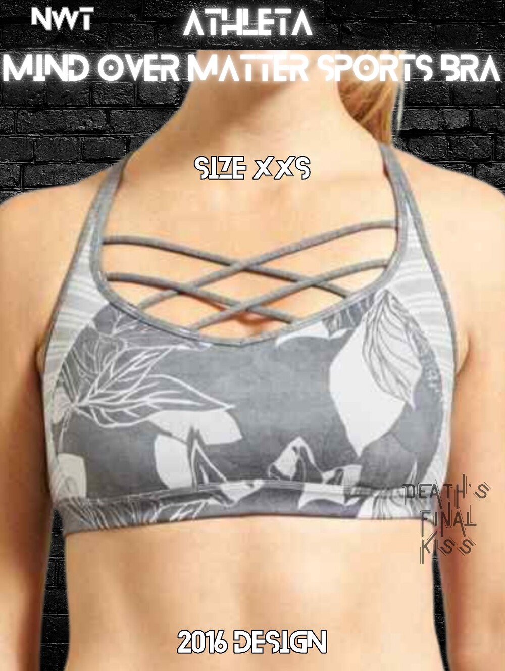 Athleta Mind Over Matter grey white tropical striped strappy sports bra XXS 2016